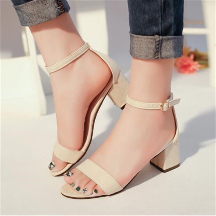 Women’s open-toe ankle strap sandals with block heel, beige with metal toe accents