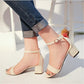 Women’s open-toe ankle strap sandals with block heel, beige with metal toe accents