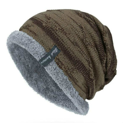 Khaki ribbed knit winter beanie with soft gray faux-fur cuff and front logo patch