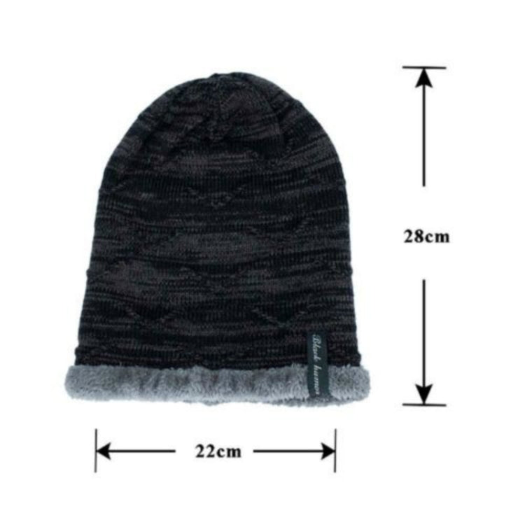 Black knit winter beanie with gray cuff, shown with 22cm width and 28cm height