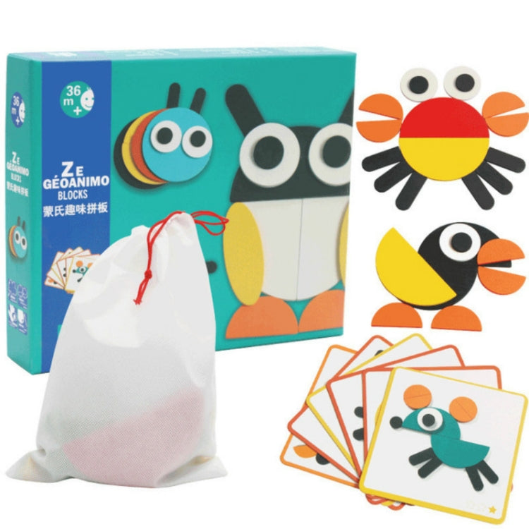 Children tangram puzzle set with animal cards, drawstring bag, and storage box