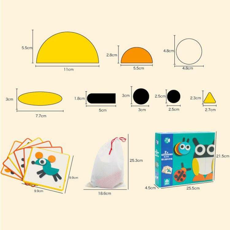 Tangram puzzle set components with size diagram, box artwork, and drawstring bag
