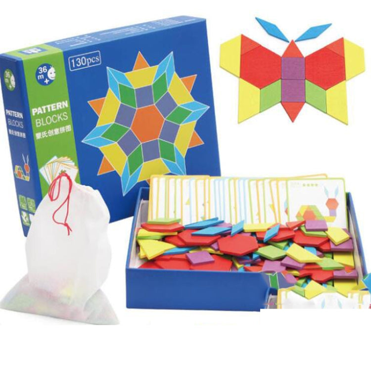 Pattern blocks tangram set box with colorful foam pieces and included drawstring bag