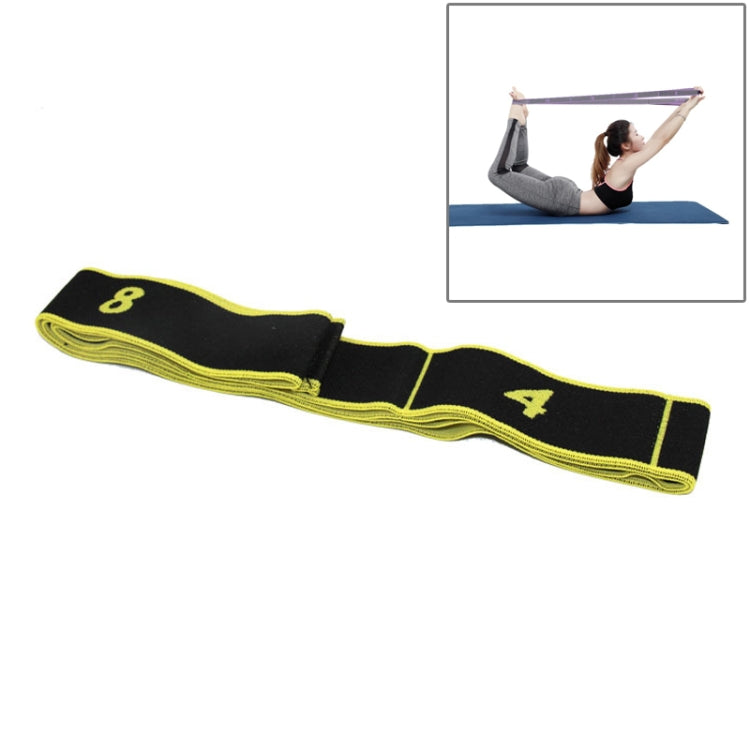 Resistance stretch band in black with neon yellow edging and strength marks 8 and 4