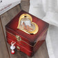 Red wooden music box with gold heart window, dancer clockwork and brass front latch