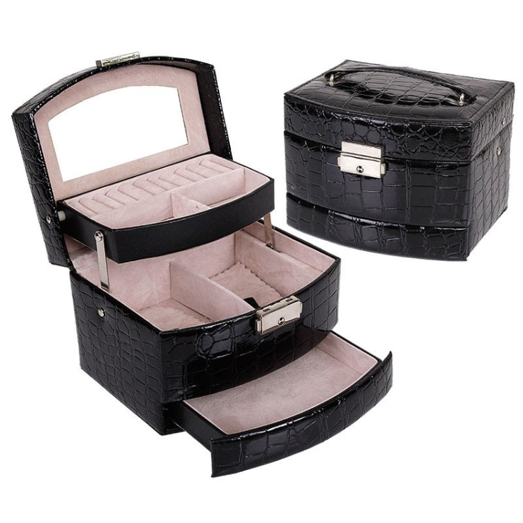 Black multi-layer jewelry and cosmetic storage box with open compartments, hinged lid