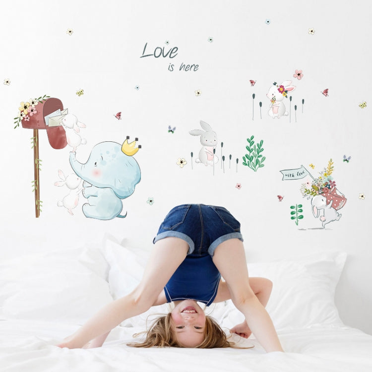 Kids wall sticker set featuring elephant, bunnies, plants, and “Love is here” text