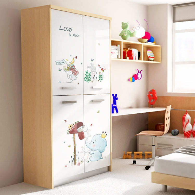 Kids wall sticker set on wardrobe doors with blue elephant, bunnies, flowers