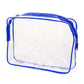 Clear PVC makeup storage bag with blue zipper and side handle, rectangular pouch