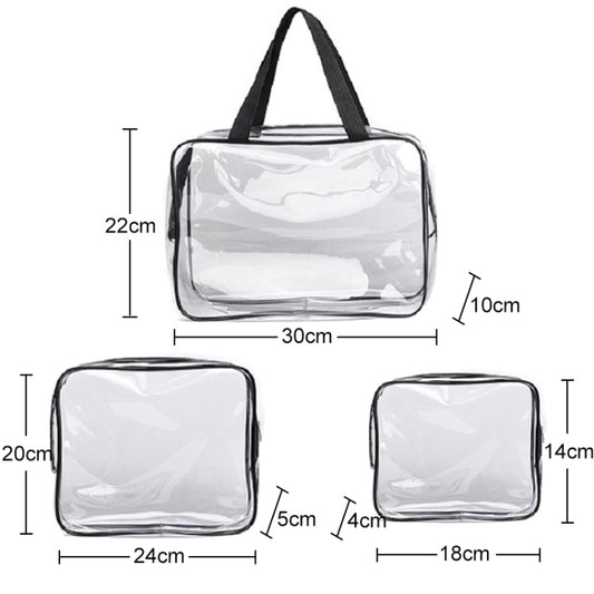 Set of clear PVC zip toiletry bags with black trim and handles, three pouch sizes