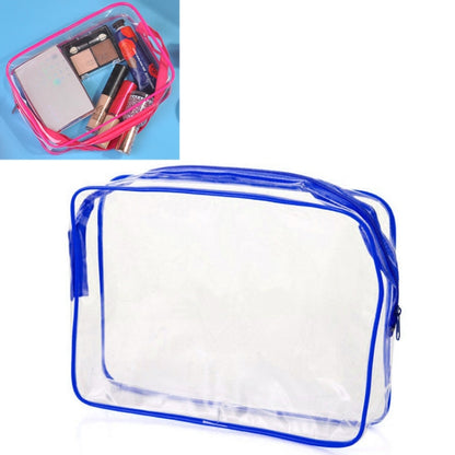 Clear PVC makeup storage bag with blue zipper trim and top handle, rectangular pouch