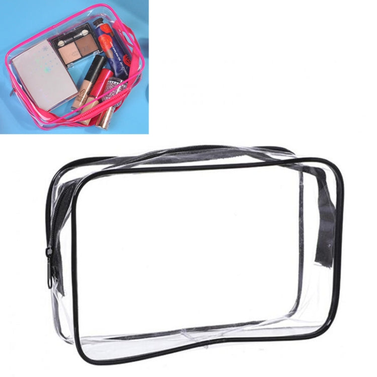 Clear PVC makeup storage bag with black zipper trim and top handle, rectangular pouch