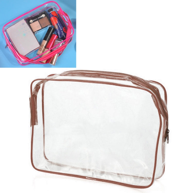 Transparent PVC makeup storage bag with brown zipper, brown trim, and clear front panel.