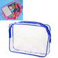 Transparent PVC makeup storage bag with blue zipper, blue trim, and clear front panel.