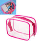 Transparent PVC makeup storage bag with pink zipper and clear front, pink carry handle.