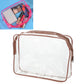 Transparent PVC makeup storage bag with brown zipper and clear front, brown carry handle.