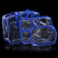 Set of transparent PVC makeup storage bags with blue trim and zippers, stacked.