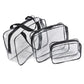 Set of transparent PVC makeup storage bags with black trim and zippers, stacked.