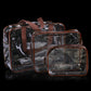 Transparent PVC travel makeup bag set, 3 zip pouches with brown trim and handles