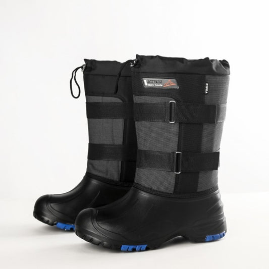 Men's black winter snow boots with adjustable straps and blue traction accents