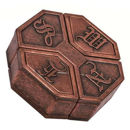 Bronze-tone metal puzzle lock box with six panels and engraved symbols