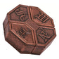 Bronze-tone metal puzzle lock box with six side panels and engraved symbols