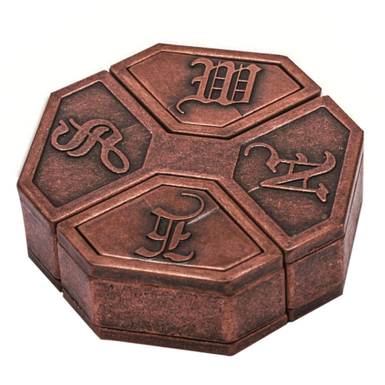 Bronze-tone metal puzzle lock box close view with engraved characters on panels