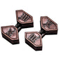 Bronze-tone metal puzzle lock box with three hinged pieces and engraved symbols