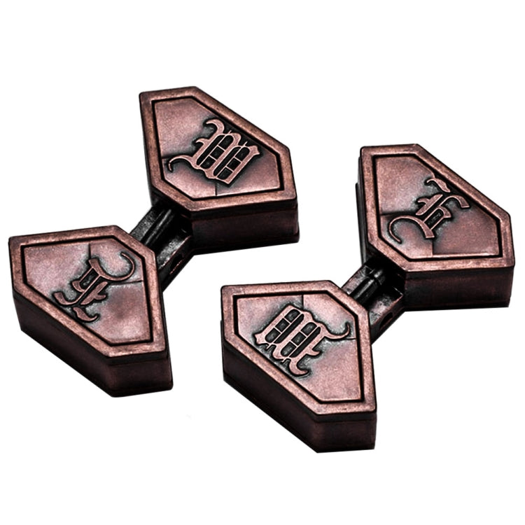Bronze-tone metal puzzle lock box with three hinged pieces and engraved symbols