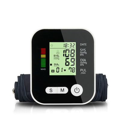 Automatic upper-arm blood pressure monitor with black screen and black cuff