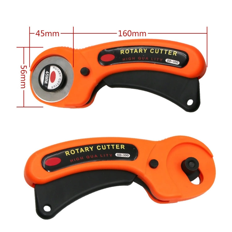 Orange and black rotary cutter with size measurements shown