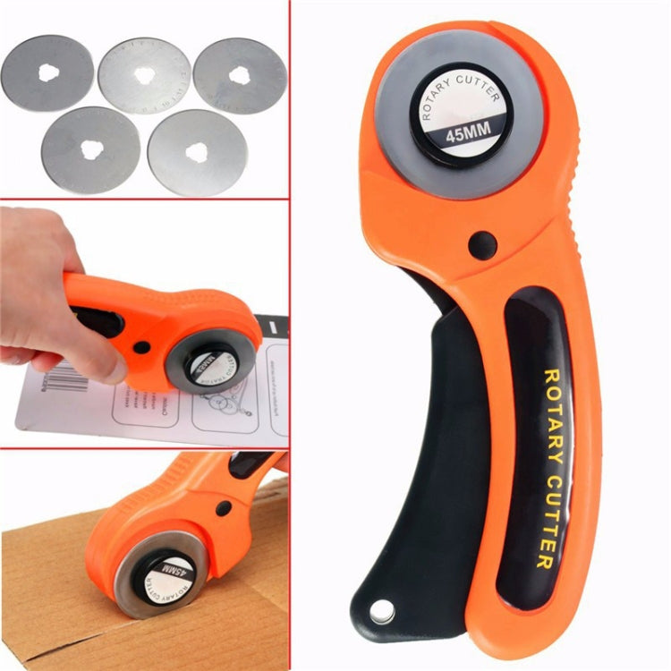 Orange rotary cutter with circular blades and cutting guidance
