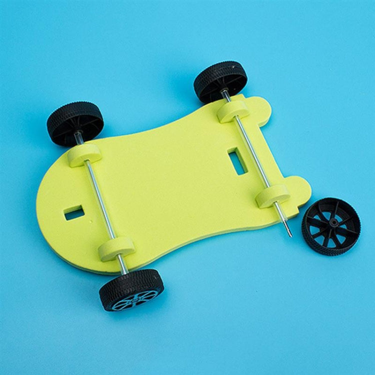 Balloon recoil car base with lime body, four black wheels, and metal rods