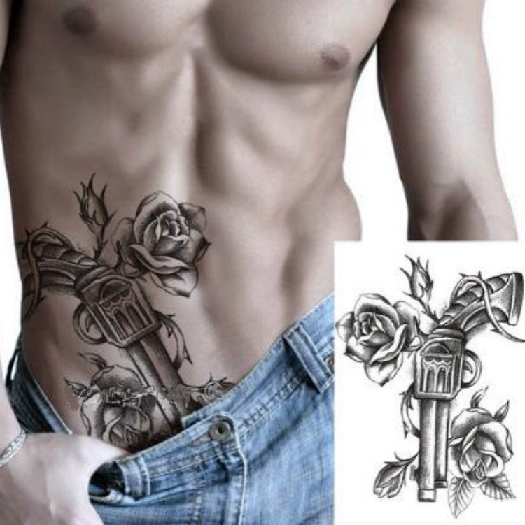 2-pack arm disposable tattoo stickers, rose-and-torch black outline on upper arm