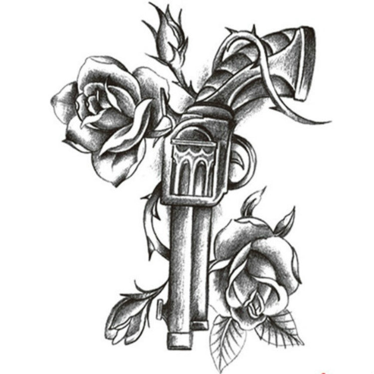 2-pack arm disposable tattoo sticker design: roses, torch, and flames in black outline