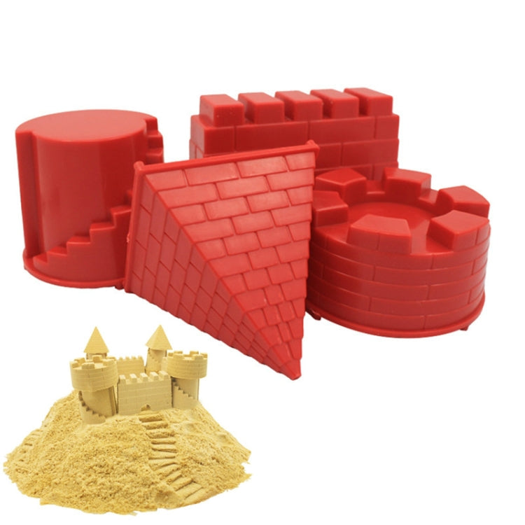 Red castle sand mold set with triangular wall and circular base pieces for play