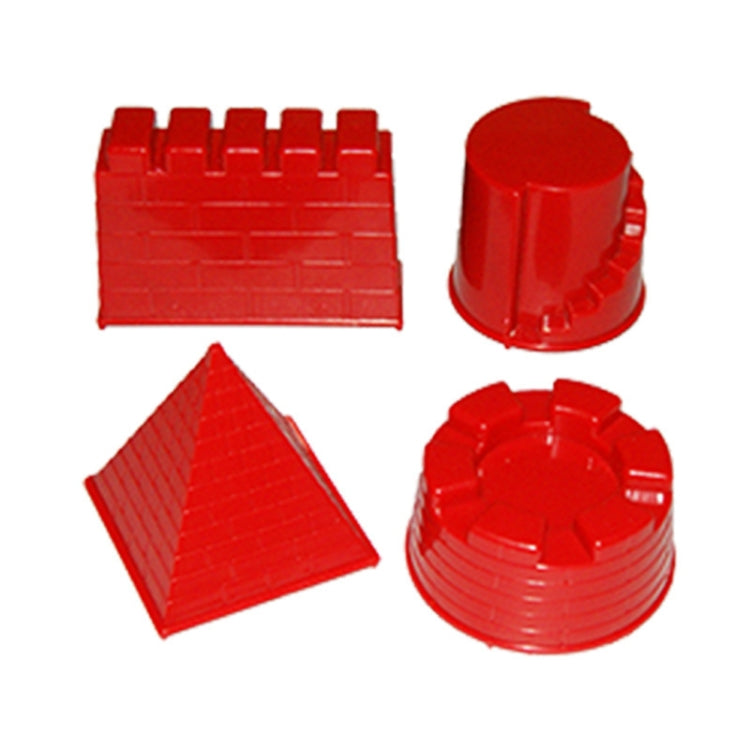 Red castle sand molds: wall rectangle, pyramid piece, round base, and bucket cup