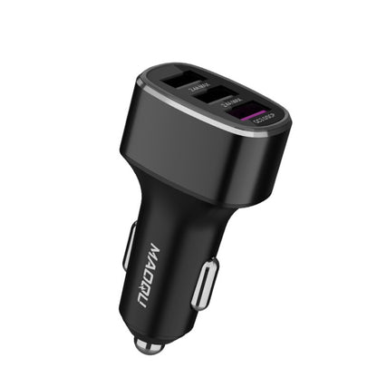 QIAKEY 3-port fast car charger, black plug with three USB ports and purple indicator