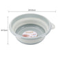 Light blue portable folding washbasin, round basin with side handle and size view.