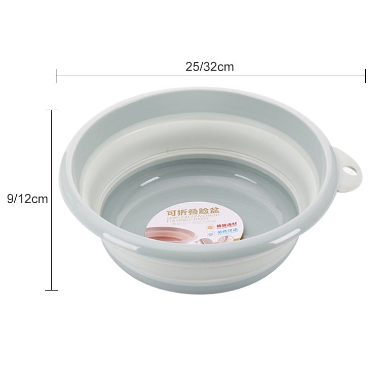 Light blue portable folding washbasin, round basin with side handle and size view.