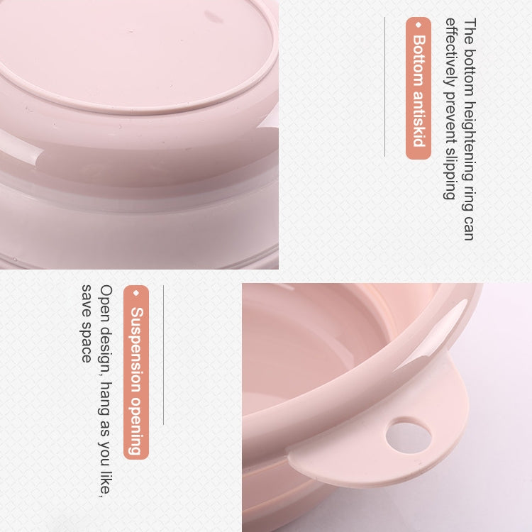 Pink folding washbasin lid edge with circular hanging hole and integrated handle.