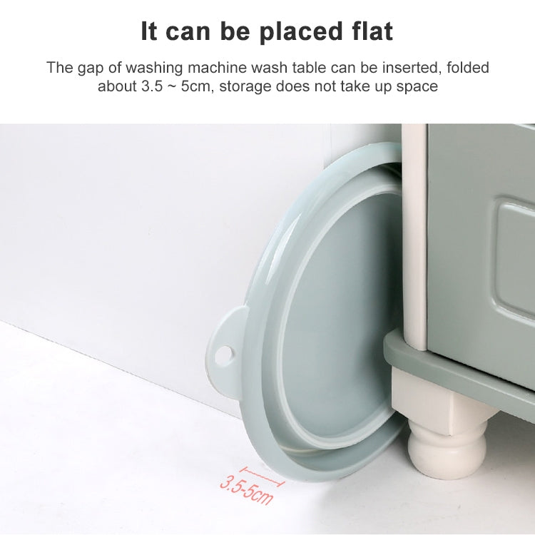 Light blue collapsible washbasin with side handle, shown near a flat storage setup.