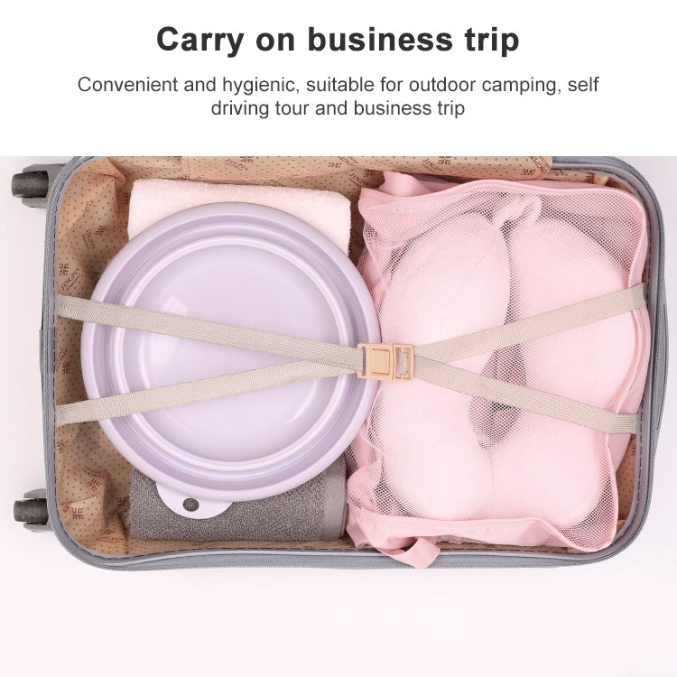 Folded washbasin set in a travel case: round tubs in white and pink/purple colors.