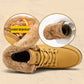 Tan lace-up snow boots with plush fur collar and chunky rubber outsole