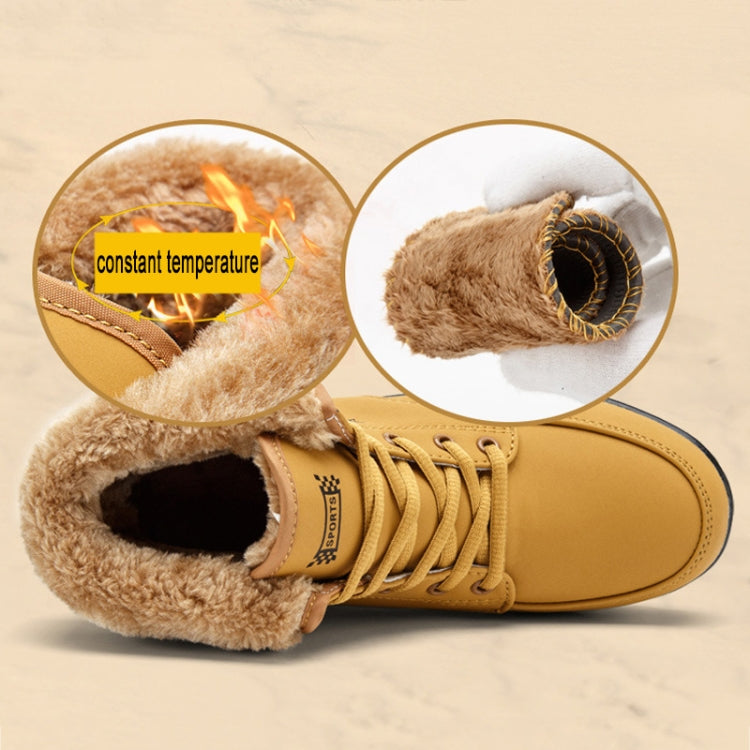 Tan lace-up snow boots with plush fur collar and chunky rubber outsole