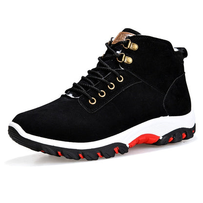 Black men's winter snow boots with lace-up front and red-accent tread sole