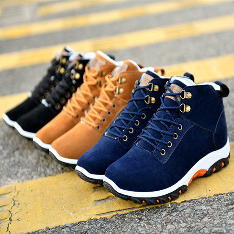 Men's winter snow boots in black, orange, and navy with lace-up and padded collar