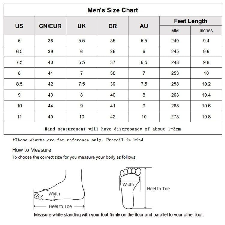 Men's size chart table with feet length measurements for US and EU sizes