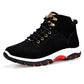 Men's black lace-up snow boot with padded collar, gold eyelets, and red-outlined sole