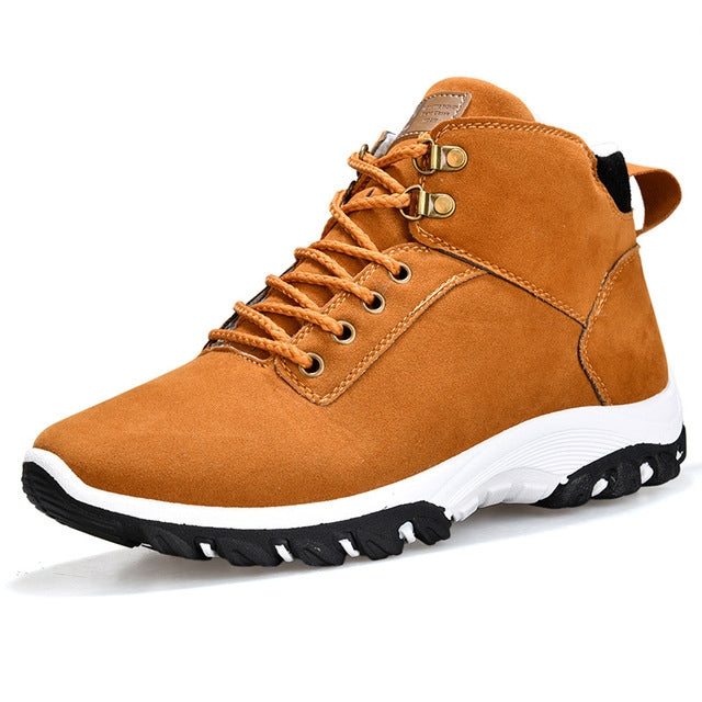 Men's tan lace-up winter snow boot with padded collar, side pull tab, and grippy outsole